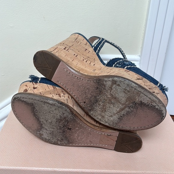 Prada | Denim Fringe Cork Wedges Size 37 Blue White Stitched - Picture 9 of 12